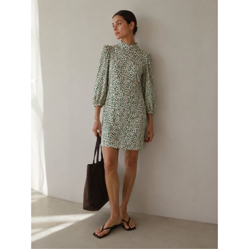 GANNI Green Floral lightweight Crepe Mini Dress Mock Neck Puff Sleeve Scandinavi